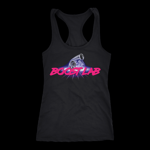 Black women's racerback tank front view with turbocharger graphic and pink Boost Lab logo text below it.