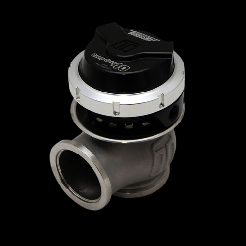 Turbosmart Gen V WG40 CompGate40 external wastegate, black top, angled view showing V-band inlet and clamp