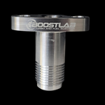 Boost Lab billet GTX and G Series turbo oil drain flange, front view showing threaded barb and bolt holes