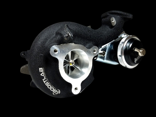 EVO-X TD06SL2-20G billet turbocharger, front angle showing billet compressor wheel, wastegate actuator, and Boost Lab housing