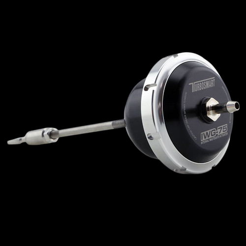 Turbosmart IWG75 black internal wastegate actuator, side view showing threaded rod, clevis end and nipple fitting