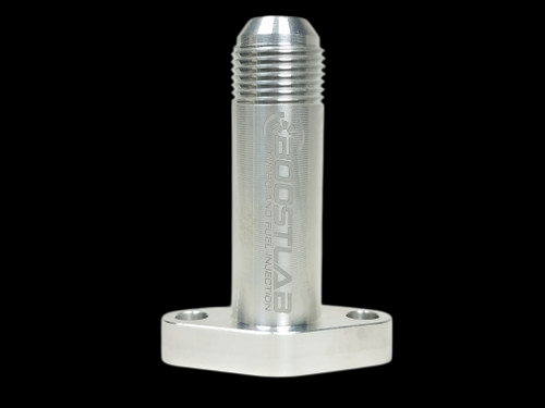 Boost Lab billet T6 large frame extended turbo oil drain flange with -12 AN fitting, front angled view