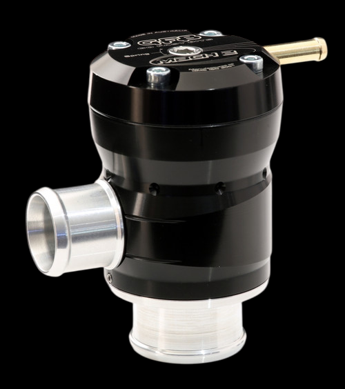 GFB Mach 2 TMS diverter valve, black anodized body, side inlet, brass barb fitting and lower outlet visible