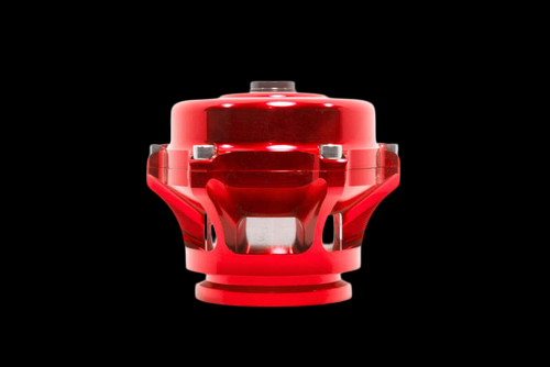 TiAL Sport Q BOV with 8 PSI spring, red anodized finish, front view showing bolt flanges and outlet port
