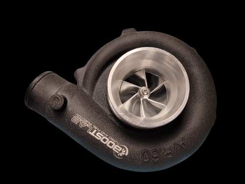 BoostLab BL-5858 billet turbocharger, front angle view showing polished compressor wheel and inlet housing.