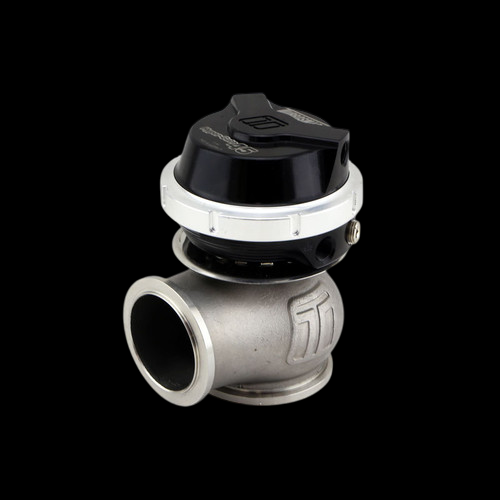 Turbosmart GenV HyperGate45 7psi external wastegate, black cap, side angle showing steel inlet flange and outlet