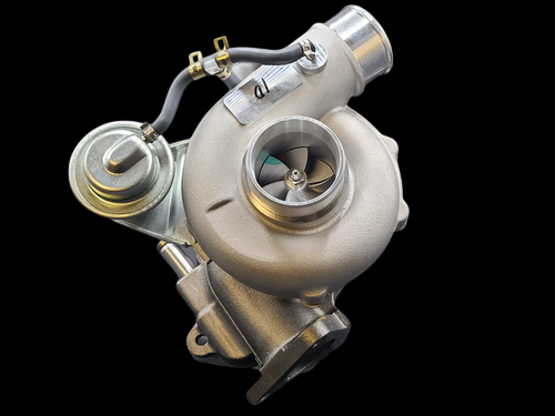 BL VF48 turbocharger for Subaru STi, front angle showing compressor wheel, wastegate actuator and hose
