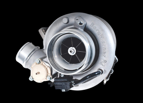 BorgWarner EFR B2 8474 SuperCore turbo, front angle showing compressor wheel, actuator and cast iron housing