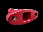 Red anodized billet T3/T4 turbo oil drain flange, angled view showing square port and round bolt holes