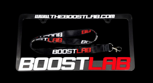 Boost Lab BL license plate frame with www.theboostlab.com text and matching black lanyard on top, front view