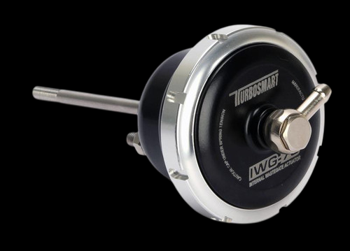 Turbosmart IWG75 black internal wastegate actuator, angled view showing rod, clevis, and can body
