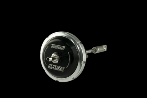 Turbosmart IWG75 wastegate actuator, front angle showing black canister and metal rod arm