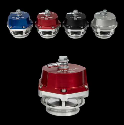 Garrett GVB-50A 50mm VTA BOV in blue, red, black and silver, with a large red unit shown up close revealing the inlet fitting, mounting bolts and