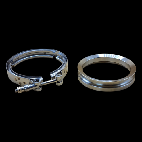 Boost Lab BL S200/S300 4.21" Marmon flange and V-band clamp kit shown side by side on black background