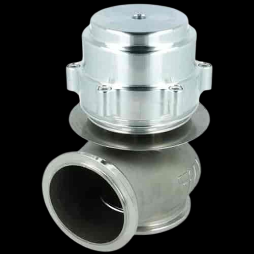 TiAL Sport V50 wastegate, 50mm, silver aluminum housing, angled view showing inlet flange and top actuator cap.