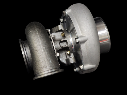Boost Lab BL6262R billet turbocharger, side angle showing compressor housing and cast exhaust inlet