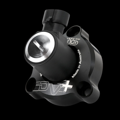 GFB DV+ diverter valve for Mini, Peugeot, Citroen, angled view showing inlet port and mounting holes