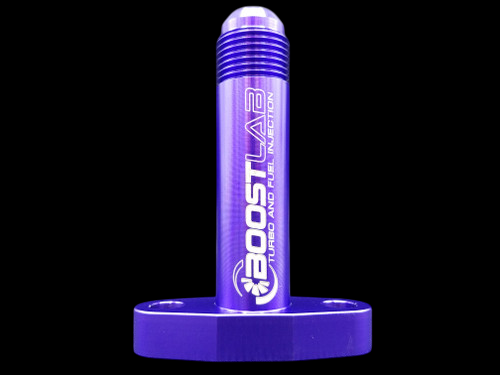 Purple billet T3/T4 extended turbo oil drain flange from Boost Lab, front view showing threaded -10 AN fitting and base plate.