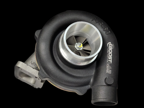 BL-5757 Turbocharger, front angle view showing billet compressor wheel, A/R.60 housing, and inlet flange