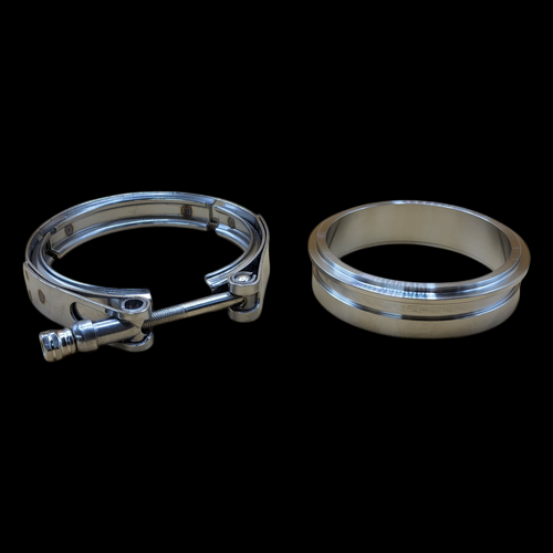 BL small frame V band clamp with T bolt and matching outlet flange ring, front angle view