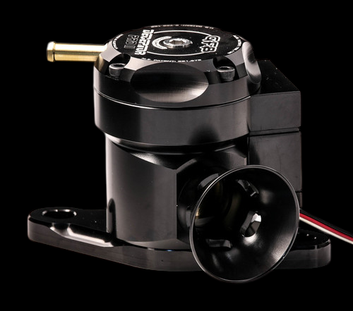 GFB Deceptor Pro II blow off valve, angled side view showing brass inlet nipple, mounting bracket, and trumpet outlet with wiring.