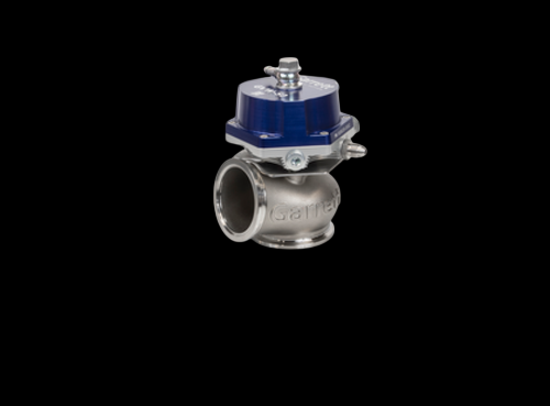 Garrett GVW-40 40mm wastegate kit in blue, front angle view showing valve top and flanged inlet