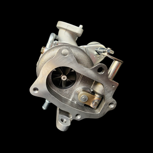 BL VF52-HF turbocharger front view, showing compressor wheel, wastegate arm and mounting flange