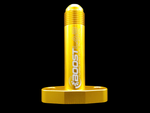 Gold anodized BL Billet T3/T4 turbo oil drain flange, front view showing -10 AN fitting and oval base plate.