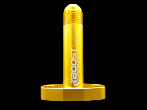 Gold anodized BL Billet T3/T4 turbo oil drain flange, front view showing -10 AN fitting and oval base plate.