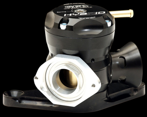 GFB Hybrid TMS dual port blow off valve, front angle view showing inlet flange, mounting base and outlet port.