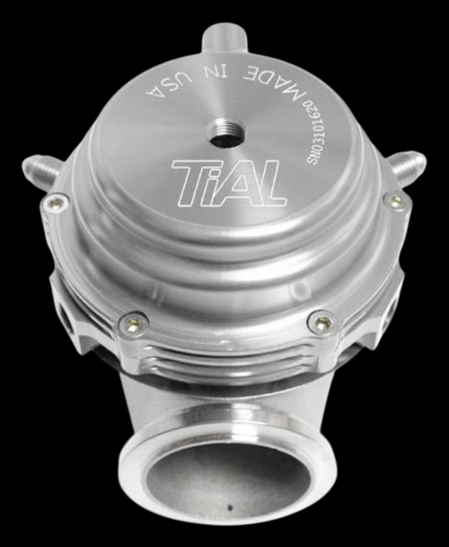TiAL Sport MVR 44mm wastegate in silver, top down view showing cap, springs, bolts and inlet flange