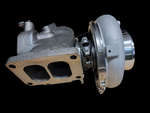 K31 turbocharger replacement for Detroit Diesel Series 60, side view showing turbine housing and exhaust flange with mounting bolt holes