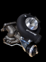 Boost Lab TD06SL2R-20G turbo for Evo 8/9, angled view showing wastegate actuator and cast manifold