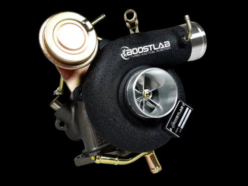 Boost Lab TD05H-20G turbocharger for Subaru STI, front angle showing compressor wheel and wastegate actuator