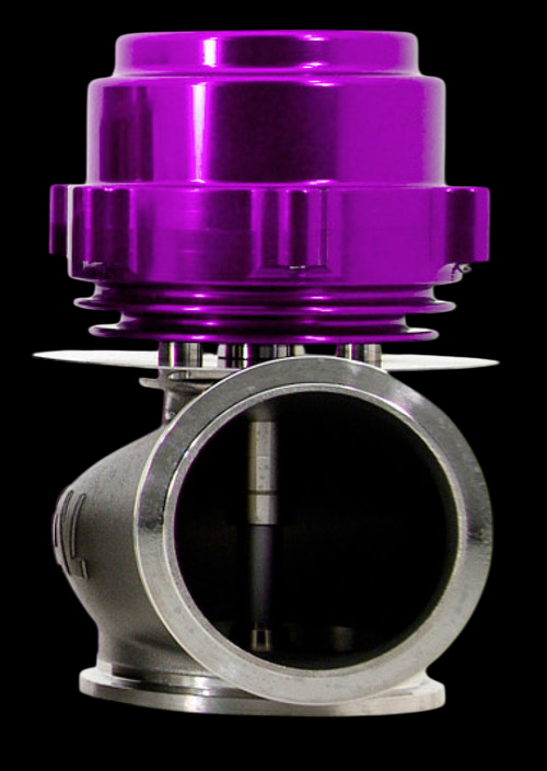 TiAL Sport V60 wastegate, 60mm, purple anodized top cap, silver flanged inlet, side view with clamp.