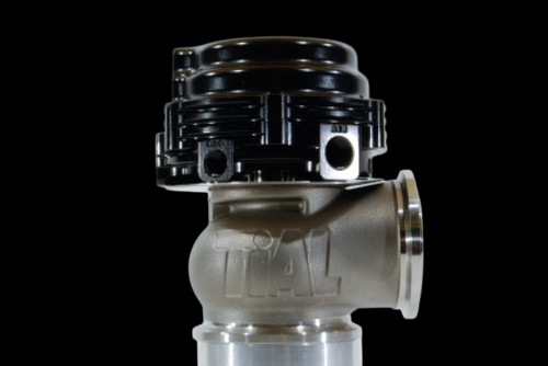 TiAL Sport MVS 38mm wastegate, black top, front angle showing V band flange and body