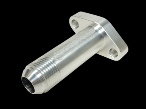 Boost Lab billet T6 large frame turbo oil drain flange, -12 AN fitting, angled view showing bolt holes