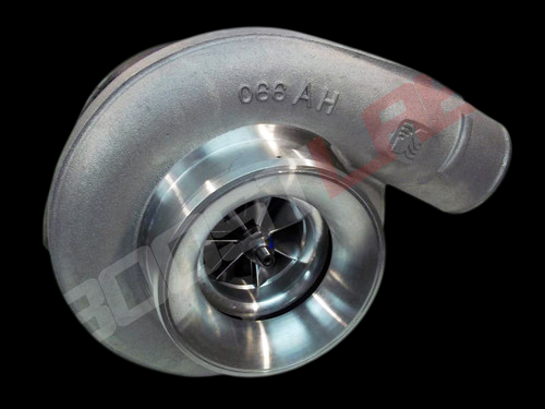 Borg Warner 72mm SFWD S400SX Turbo, front angle showing compressor wheel, housing and inlet elbow