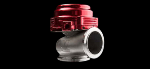 TiAL Sport MVR 44mm wastegate in red, side angle showing top cap and inlet flange