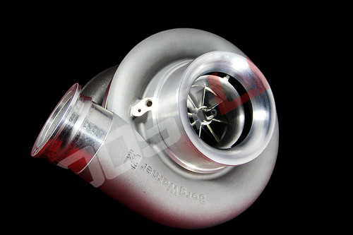 BorgWarner S500SX 91mm turbo, front angle view showing compressor wheel, inlet, and cast housing