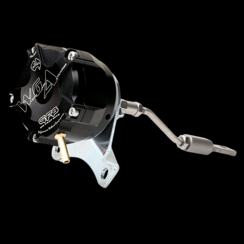 GFB TD04 wastegate actuator, black canister with silver bracket, brass fitting, angled 3/4 view