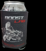 Boost Lab InterKoozie can cooler, front view showing turbocharger graphic and website text, sleeve on aluminum can