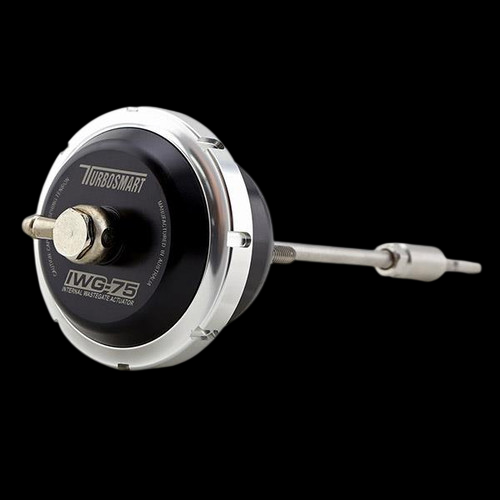 Turbosmart IWG75 black internal wastegate actuator, side view showing rod, bracket and mounting stud