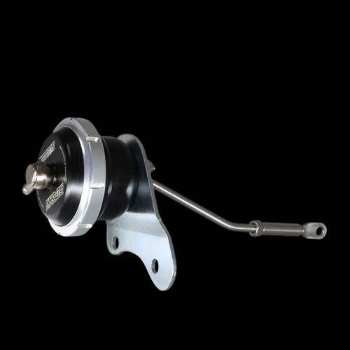 Turbosmart IWG75 black internal wastegate actuator, side view showing rod, bracket and adjustable arm