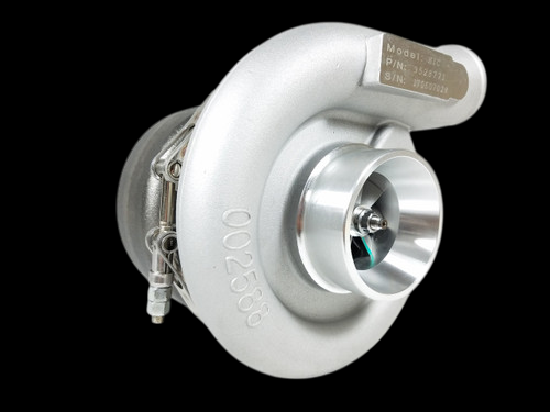 H1C 3528771 turbocharger, front angled view showing compressor wheel, housing, and oil line fitting.