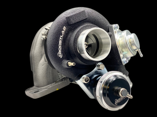 Boost Lab TD06SL2-20G turbocharger, front angle view showing compressor housing, wastegate actuator, and cast turbine inlet flange.