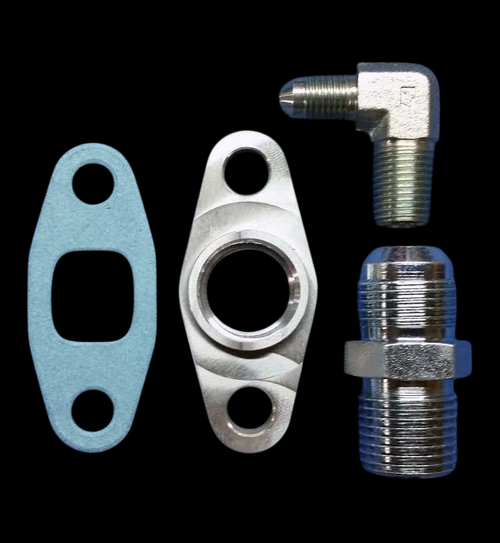 BL T3/T4 turbo oil fitting kit, gasket, oil drain flange, 90 degree elbow, and straight NPT fitting on black background