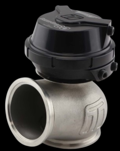 Turbosmart WG60 Gen V Power-Gate 60 external wastegate, angled view of black actuator dome atop steel V-band housing