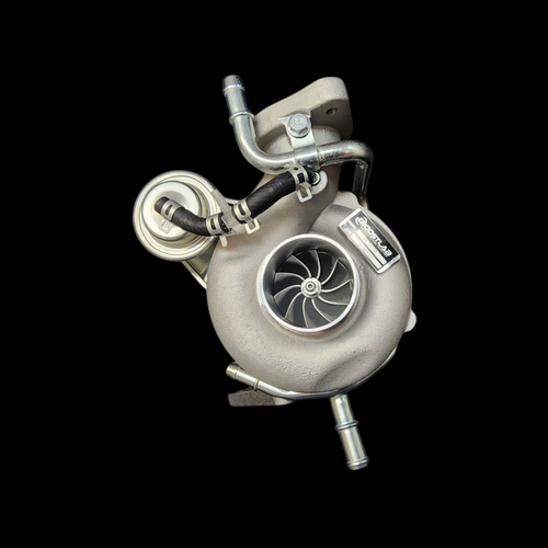 Boost Lab VF52-HF turbocharger, front angle showing compressor wheel, wastegate actuator, and hose fittings
