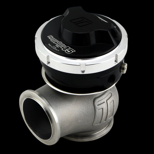 Turbosmart WG45 Gen V Hyper-Gate 45 external wastegate, black top, side angle showing V-band inlet and flange